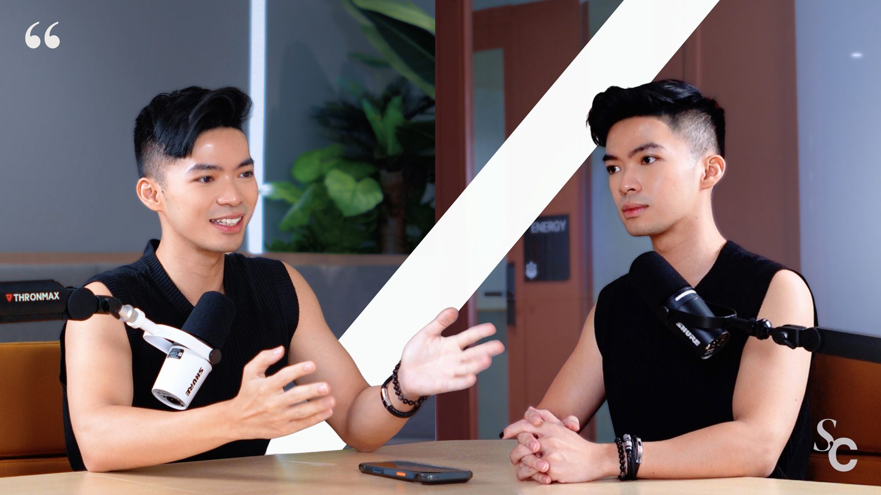 Dylan Liow on both sides of the ShowCasa table, as host and as guest, on the Co-labs set